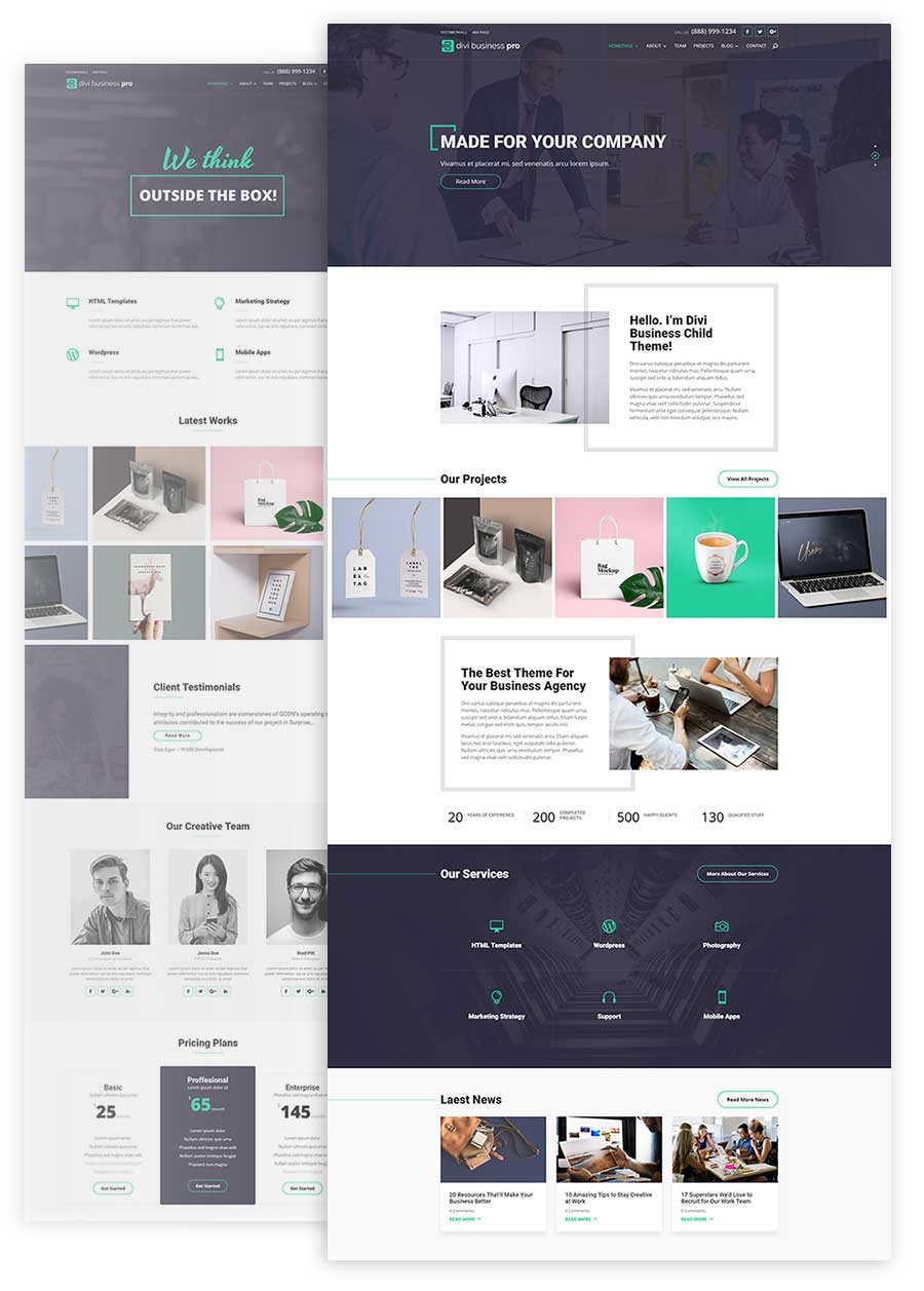 Divi Business Pro child theme two Home page options