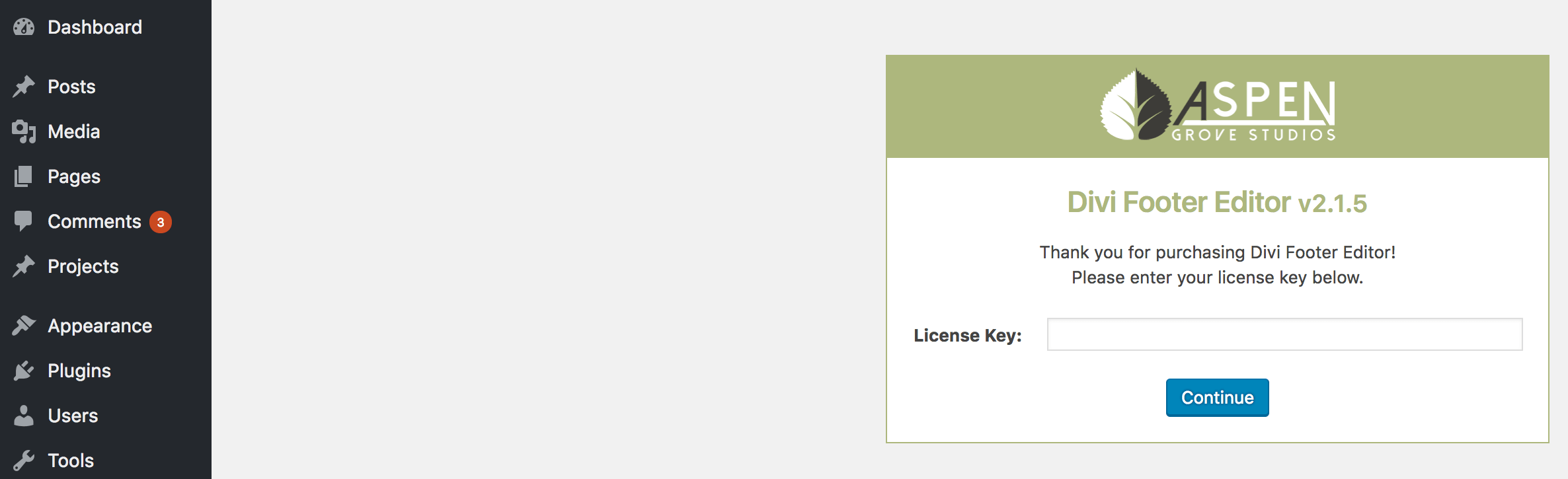 The License Key screen.