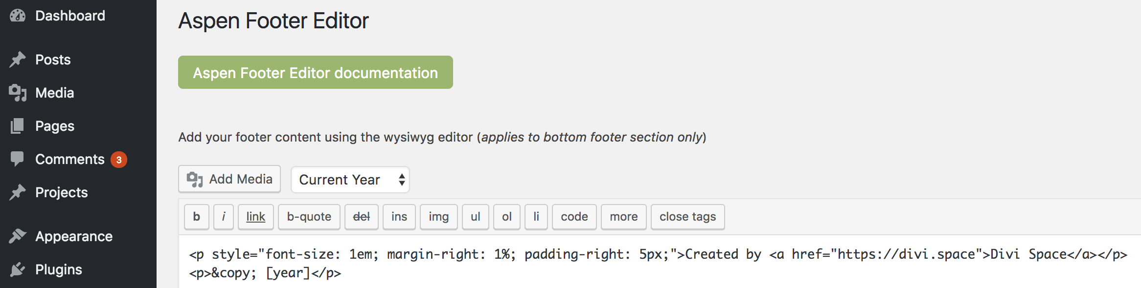 The Divi Footer Editor's Text editor screen.