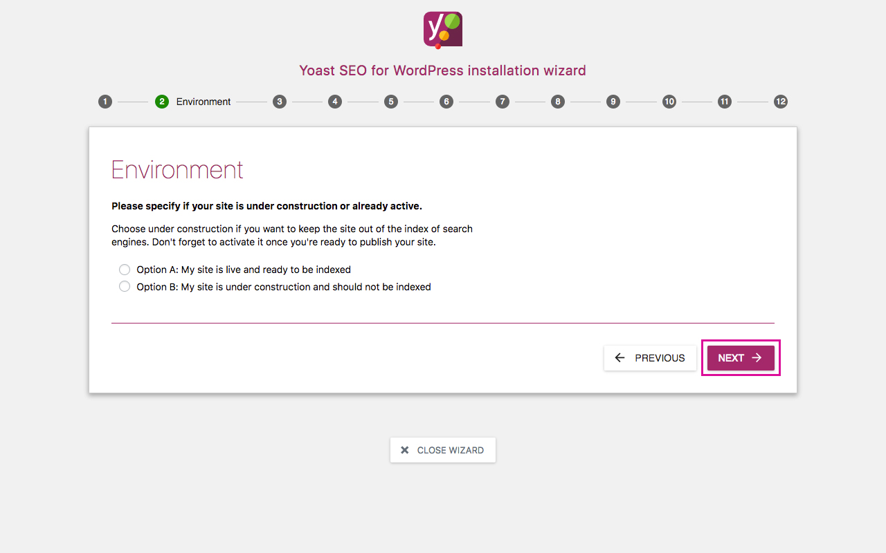 Yoast SEO Configuration Wizard 2 - Environment