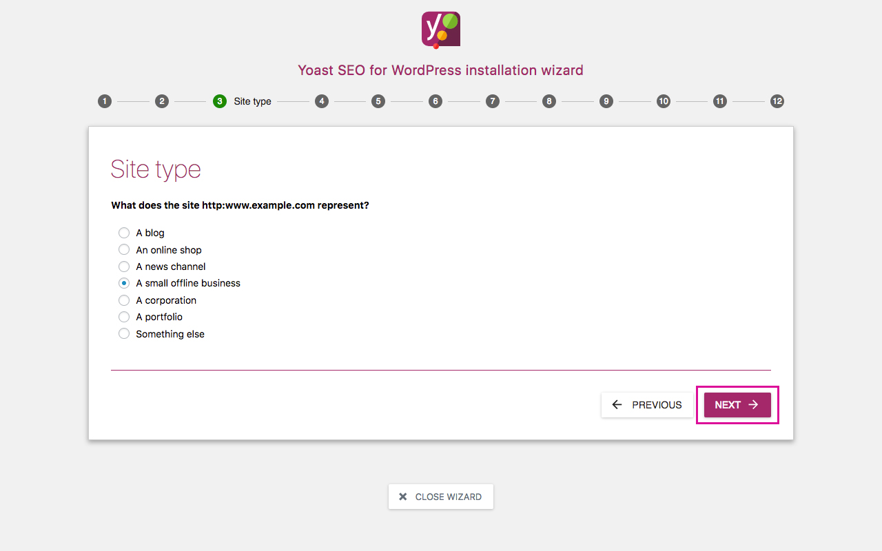 Yoast SEO Configuration Wizard 3 - Site Type