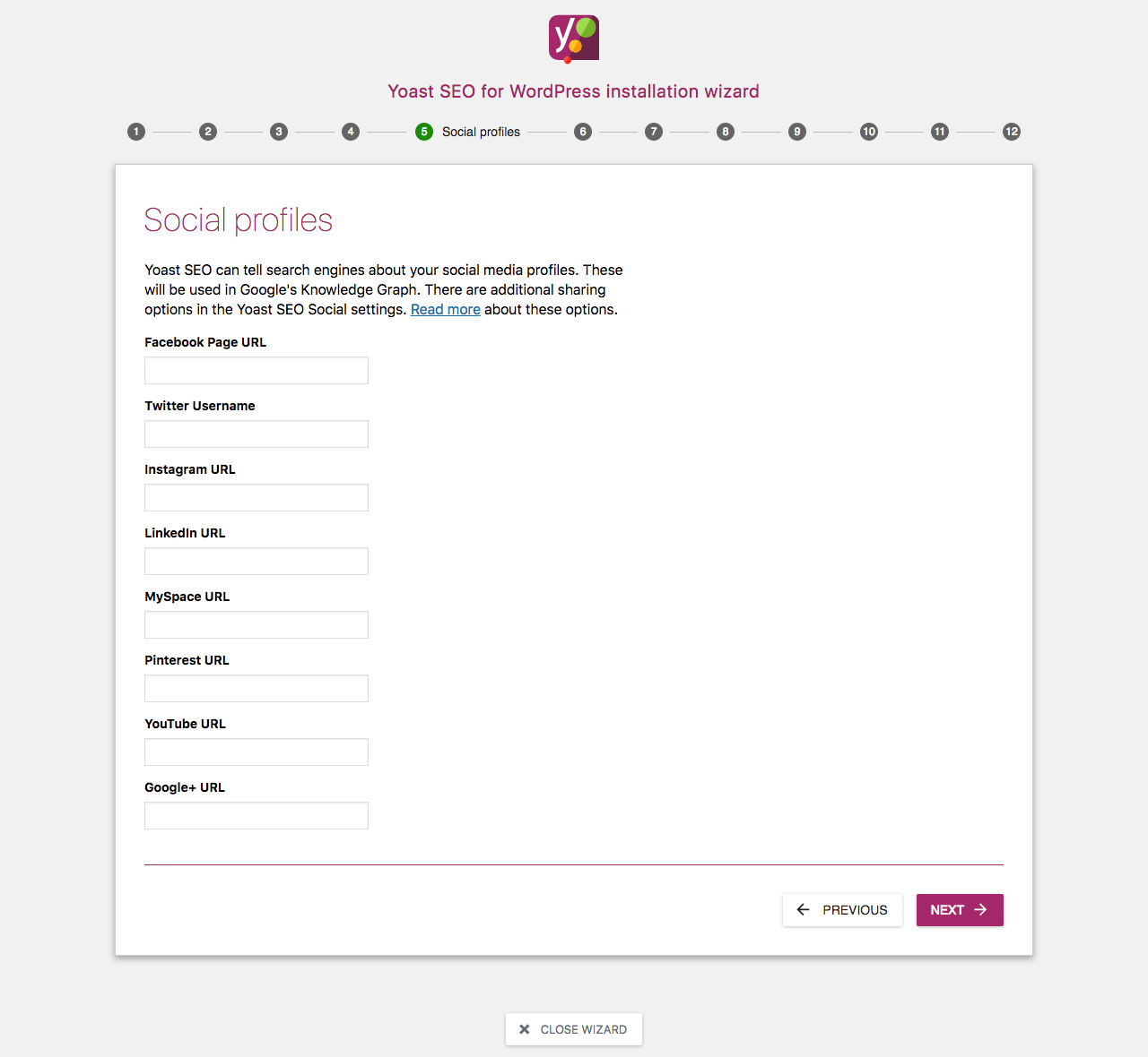 Yoast SEO Configuration Wizard 5 - Social Profiles