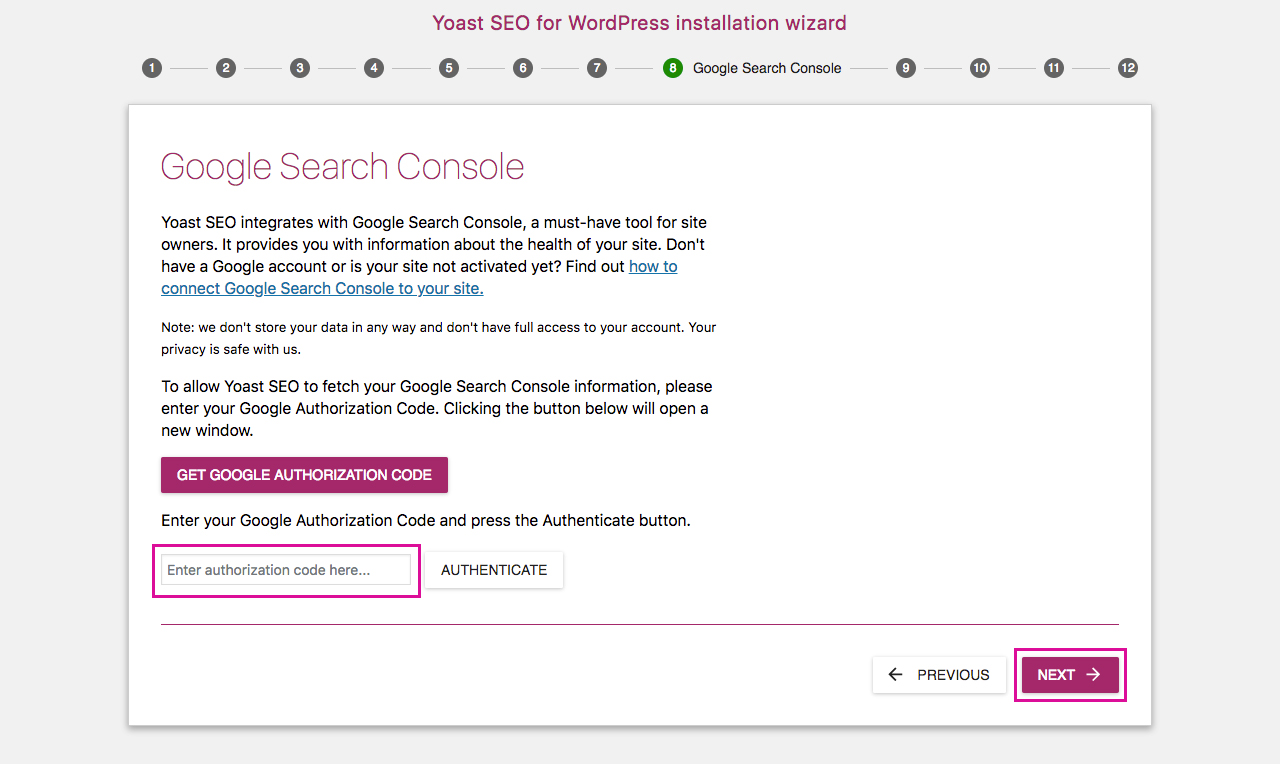 Yoast SEO Configuration Wizard 8 - Google Search Console