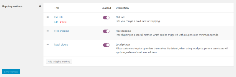 WooCommerce shipping methods