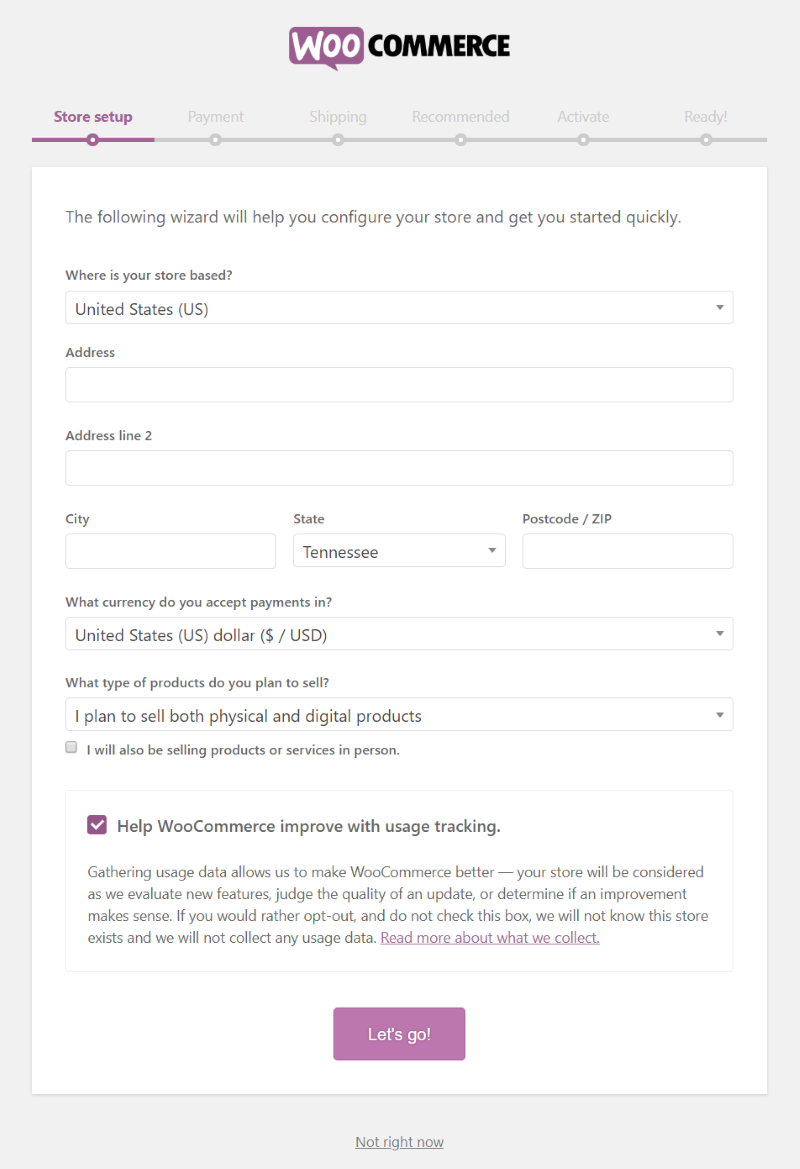 WooCommerce setup wizard Store setup page