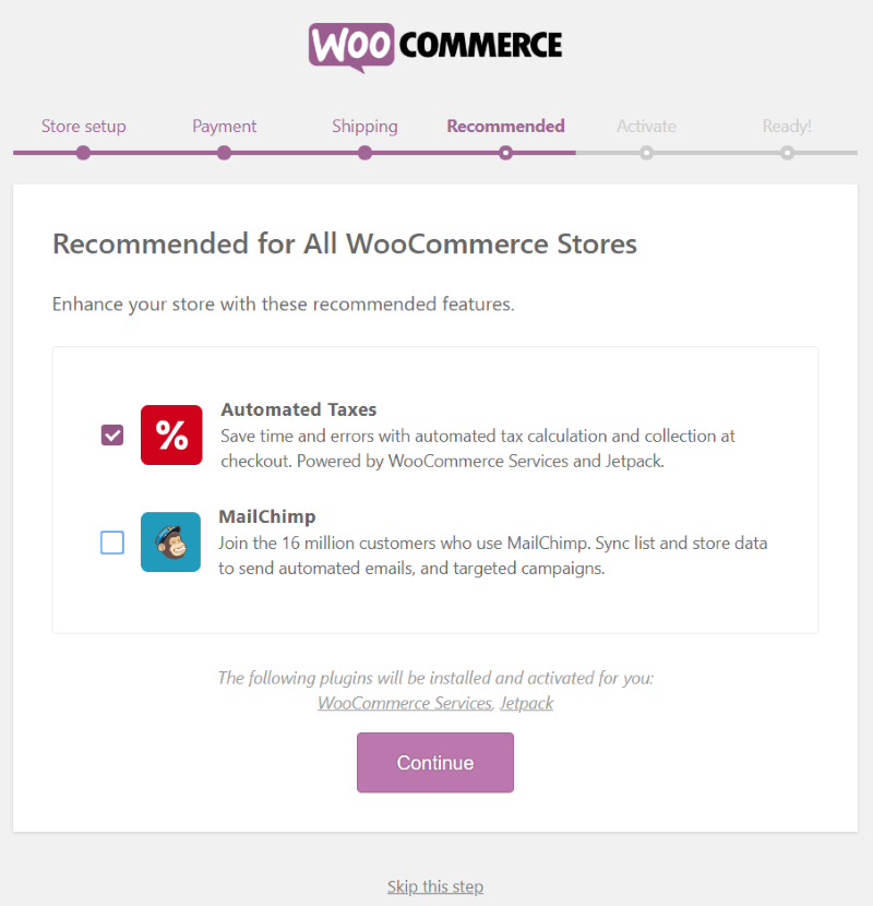 WooCommerce setup wizard Recommended settings