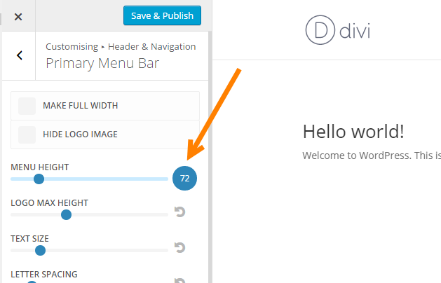 Divi Customizer settings Primary Menu Bar