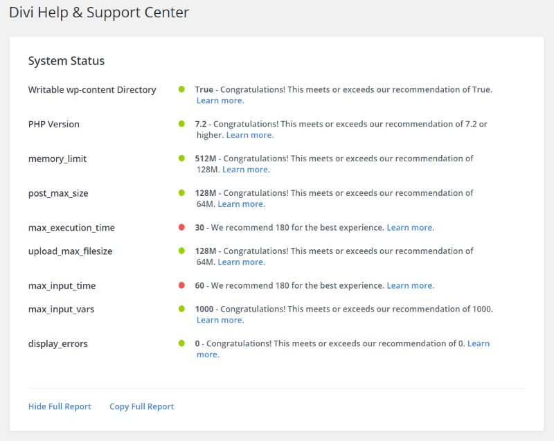 Divi Support Center server settings