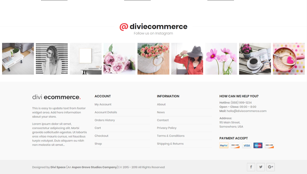 Divi Ecommerce Child Theme Instagram feed and footer