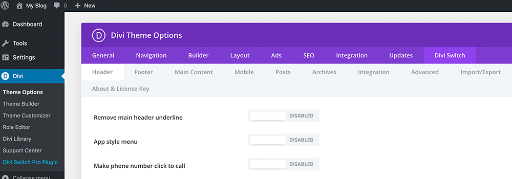 Divi Switch header settings