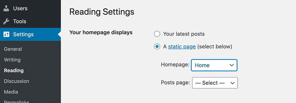 Static homepage setting in WordPress