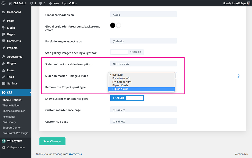 Divi Switch slider settings