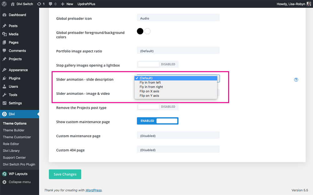 Divi Switch slider options