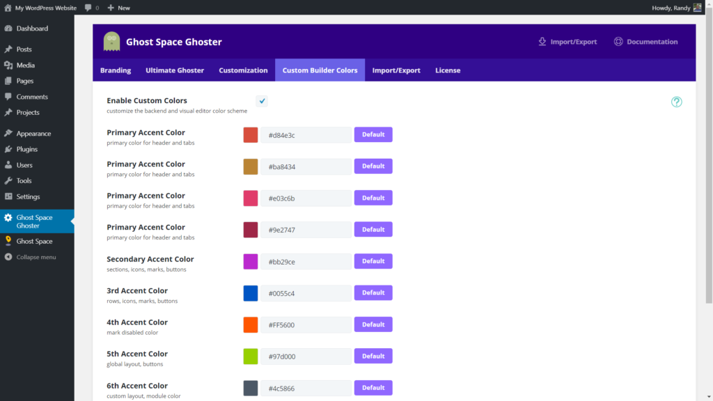 Divi Ghoster Custom Builder Colors tab customization options