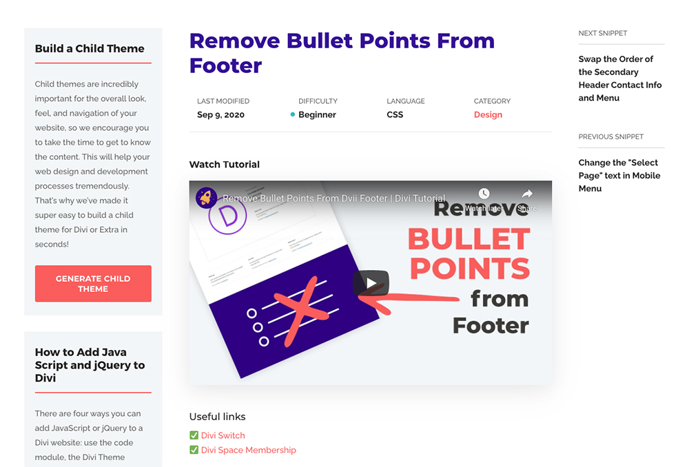 Divi Space CSS code snippets and Divi tutorials remove footer bullet points tutorial