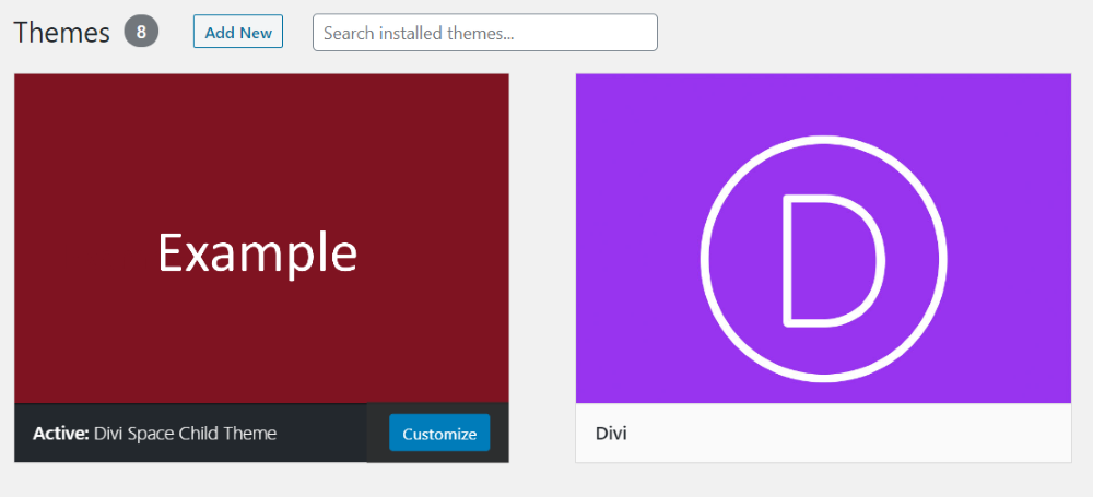 Divi theme and Divi child theme in WordPress themes console