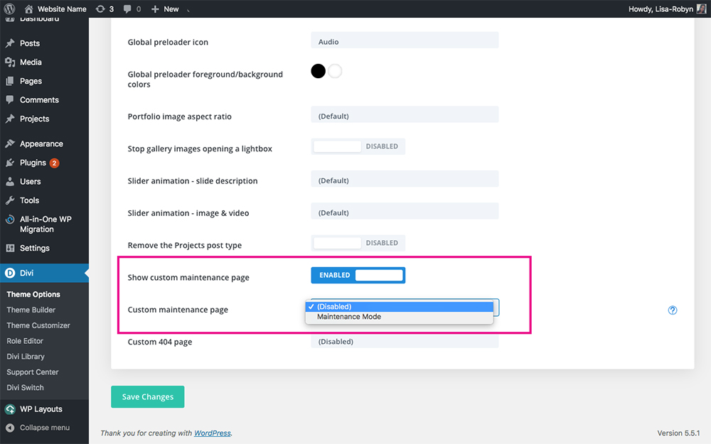 Enable maintenance mode in Divi Switch