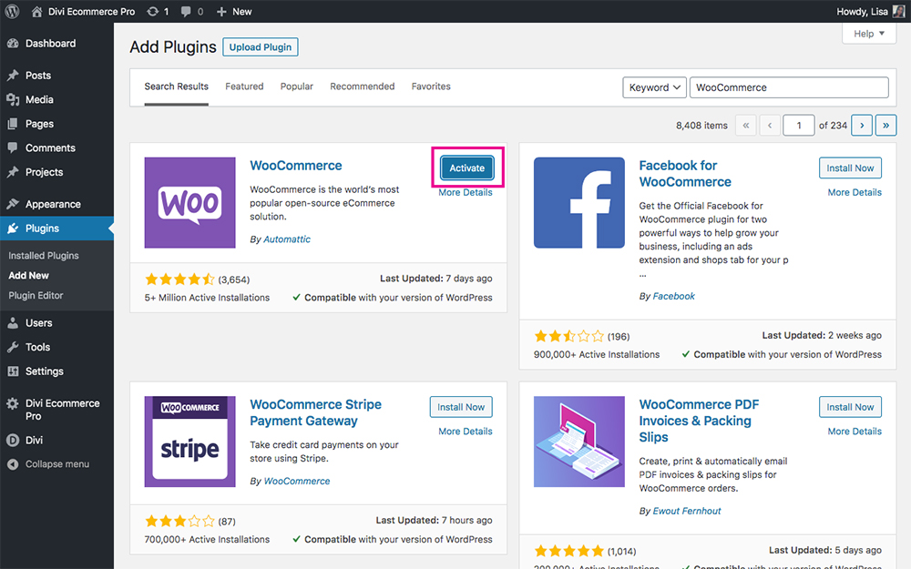 Activate WooCommerce plugin