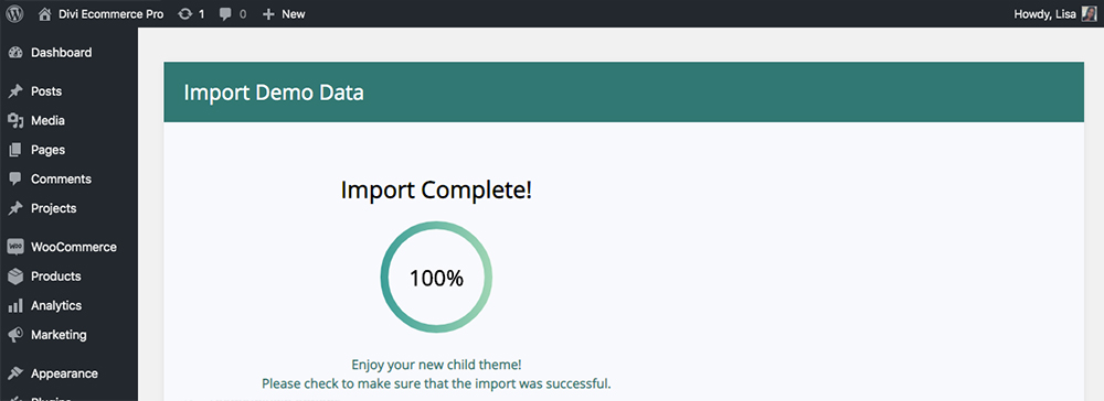 Divi Ecommerce Pro import demo data complete