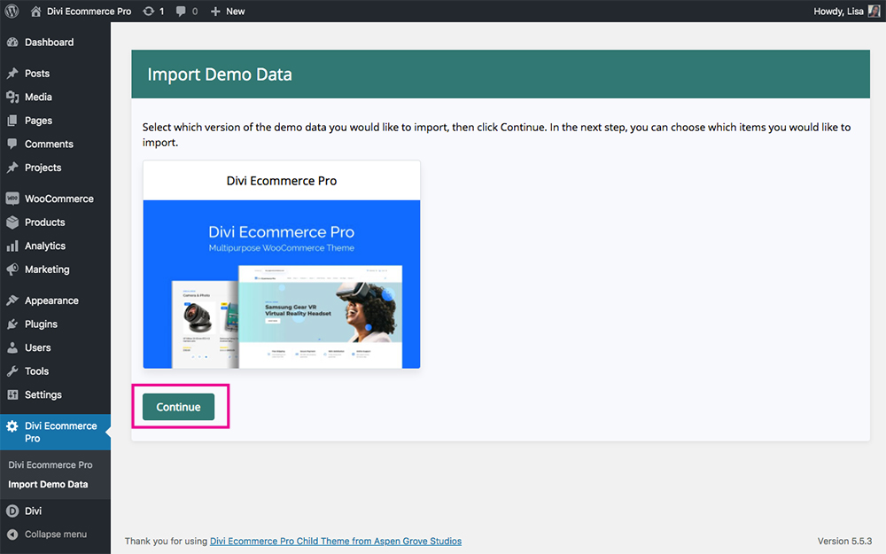 Divi Ecommerce Pro import demo data continue