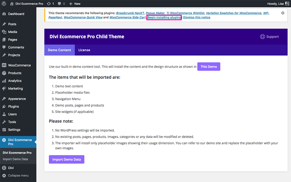 Divi Ecommerce Pro install plugins notice