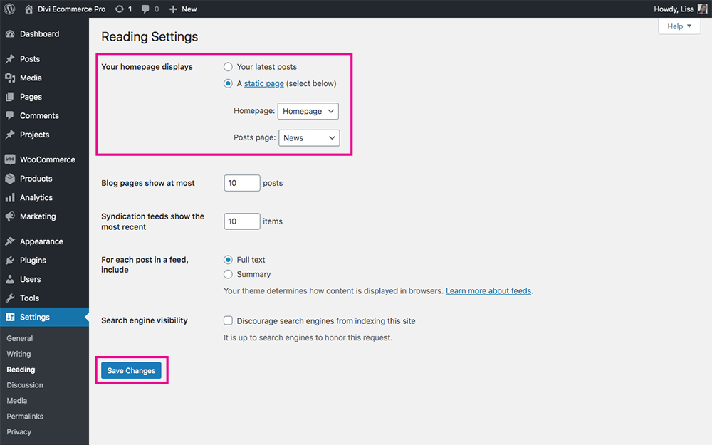 Divi Ecommerce Pro reading settings