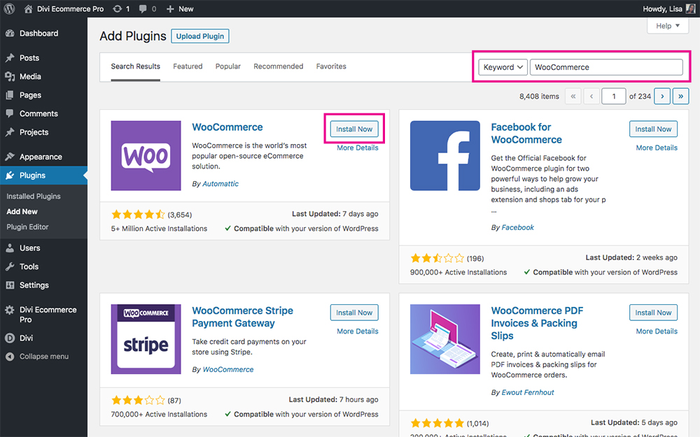 Install WooCommerce plugin