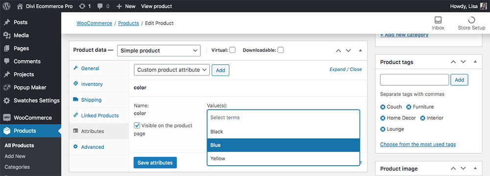 WooCommerce Divi Ecommerce Pro attributes tab