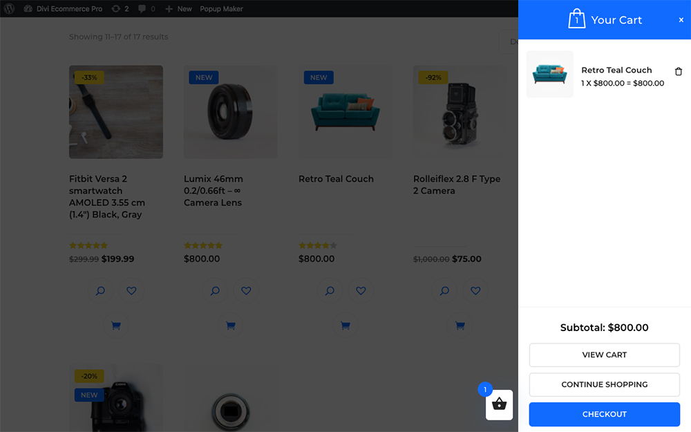 WooCommerce Divi Ecommerce Pro cart preview