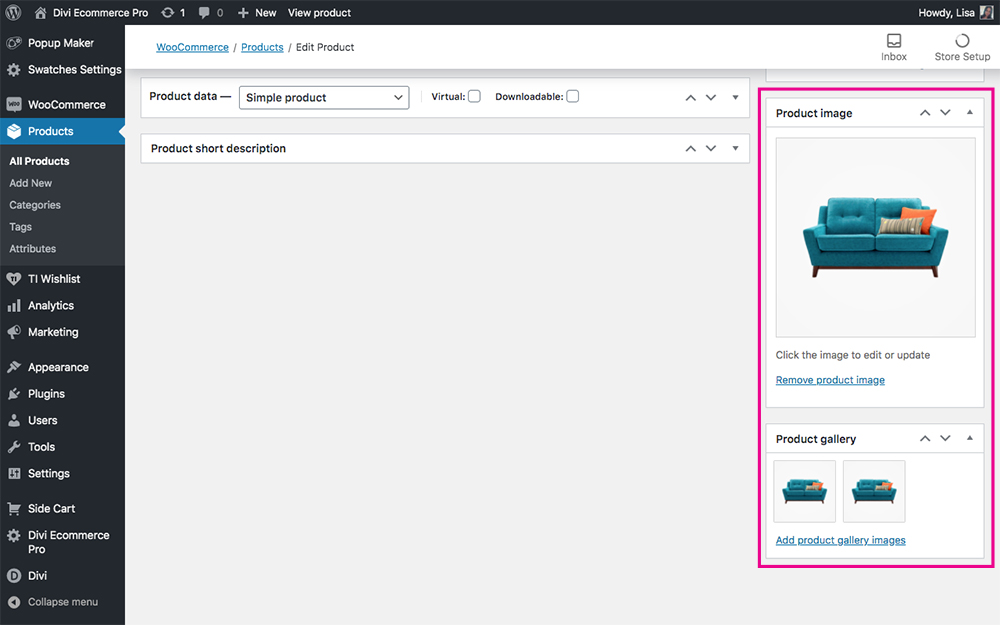 WooCommerce Divi Ecommerce Pro edit product imagery