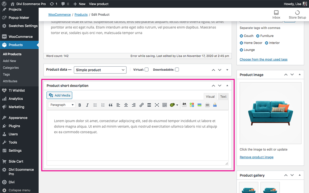 WooCommerce Divi Ecommerce Pro edit product short description