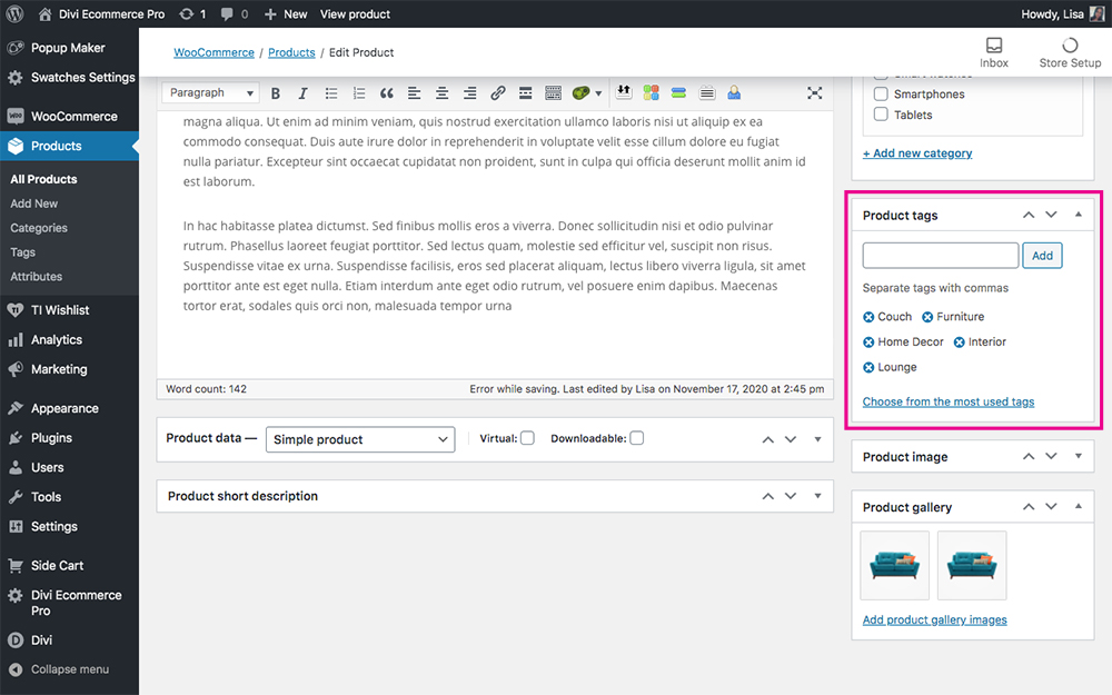 WooCommerce Divi Ecommerce Pro edit product tag