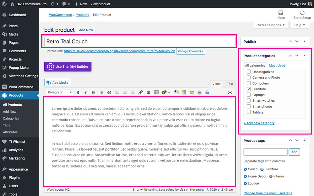 WooCommerce Divi Ecommerce Pro edit product title description and category