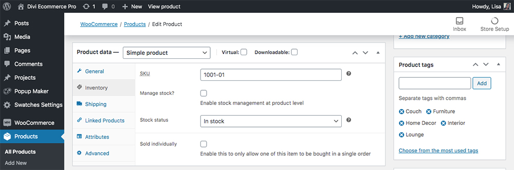 WooCommerce Divi Ecommerce Pro inventory tab