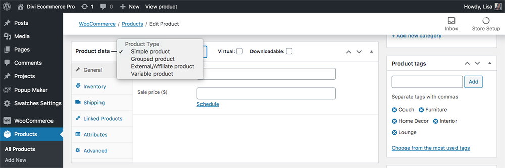 WooCommerce Divi Ecommerce Pro select product data