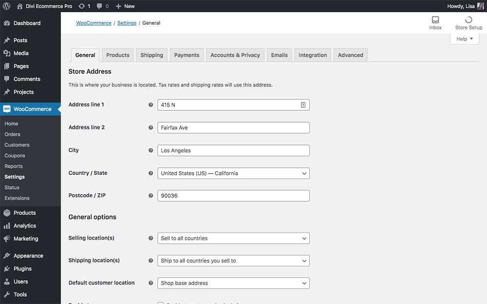 WooCommerce general tab settings