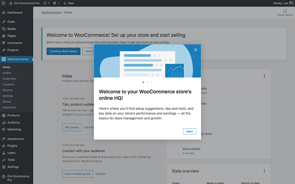 WooCommerce home screen