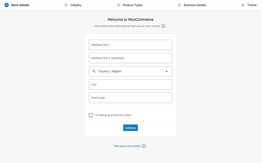 WooCommerce set up wizard