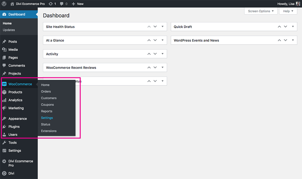 WooCommerce settings menu