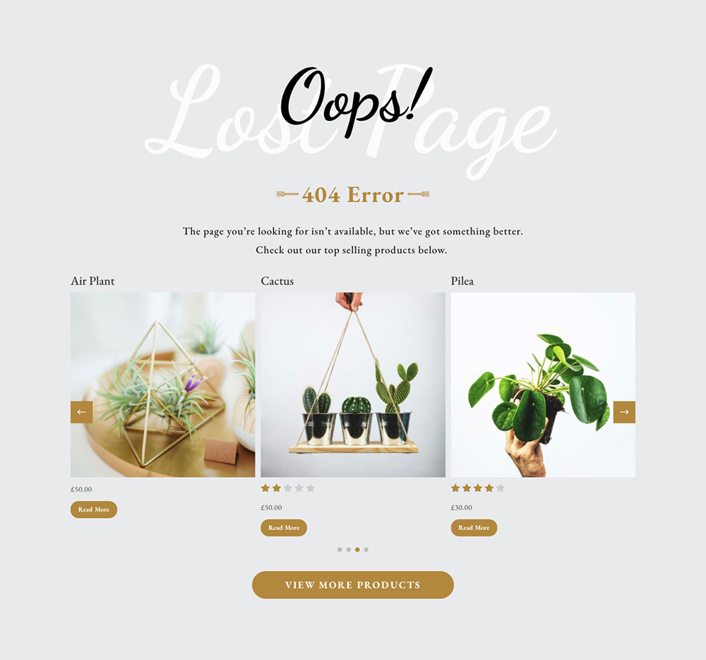 Demo 404 error page using Product Carousel for Divi and WooCommerce plugin