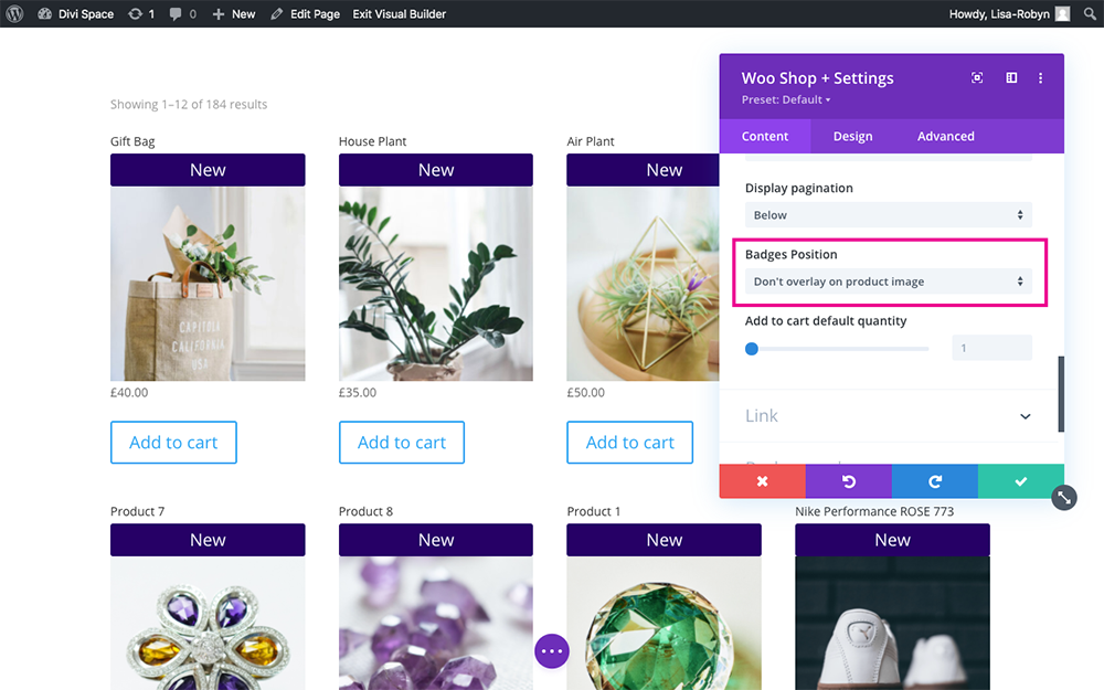 Divi Shop Builder Woo Shop + module Badges Position option