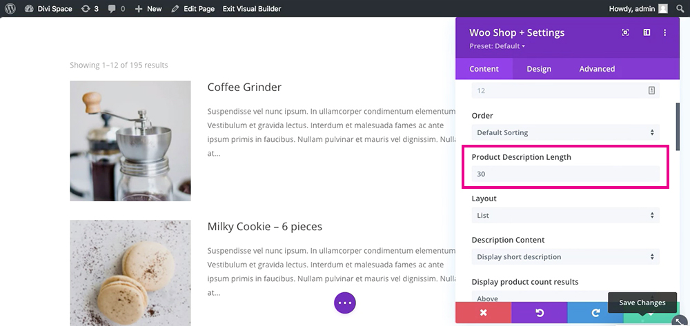 Divi Shop Builder WooCommerce Product List View Product Description Length