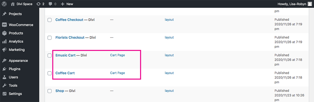 Divi Shop Builder cart page layouts added to Divi Library