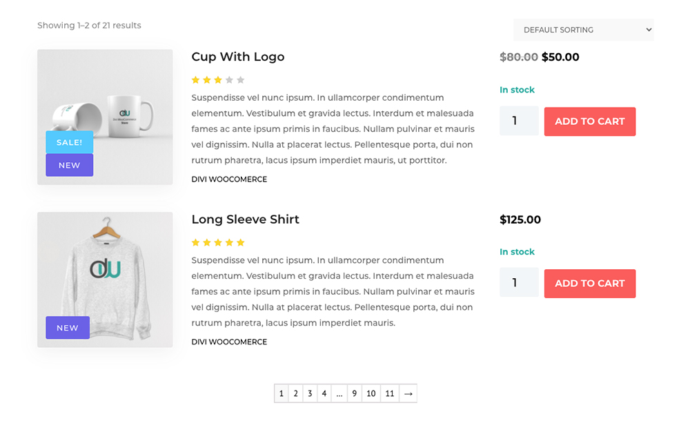 Divi Shop Builder plugin WooCommerce product list view example