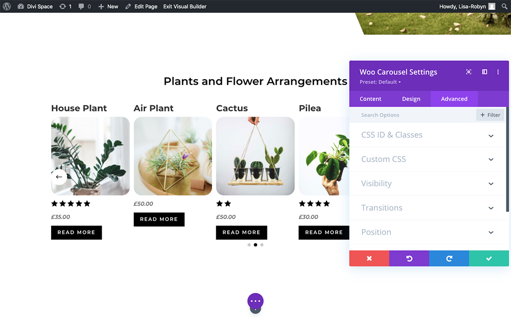 Product Carousel for Divi and WooCommerce Advanced tab