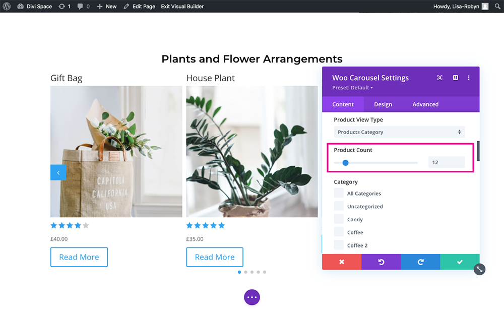 Product Carousel for Divi and WooCommerce product count