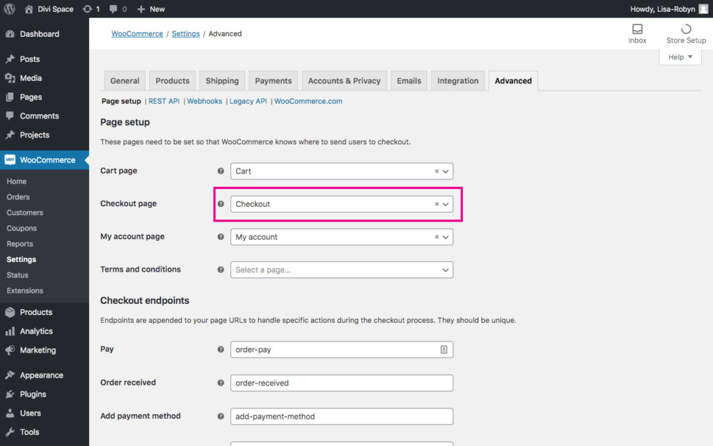 WooCommerce plugin Settings set Checkout page