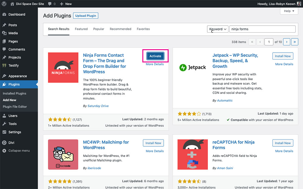 Install and activate Ninja Forms plugin on WordPress website