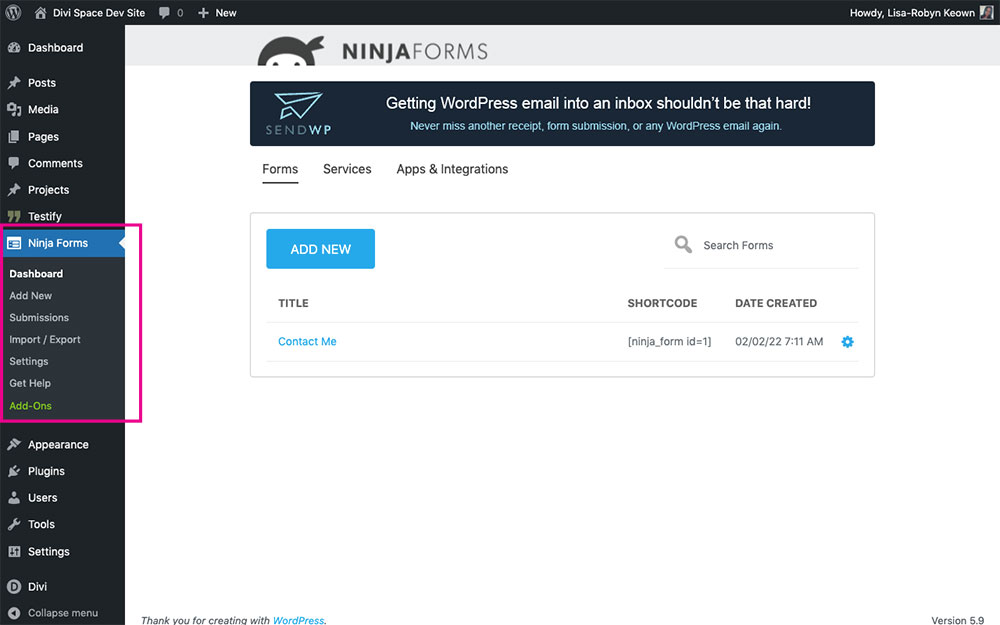 Ninja Forms plugin added to WordPress website