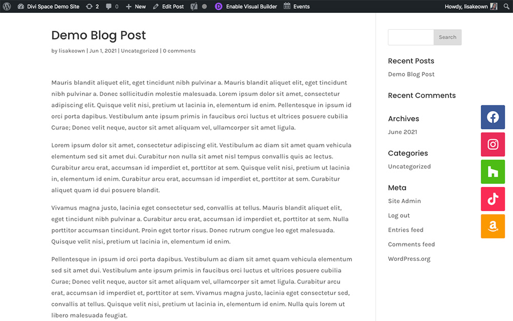 Divi website with vertical floating social icons in blog posts